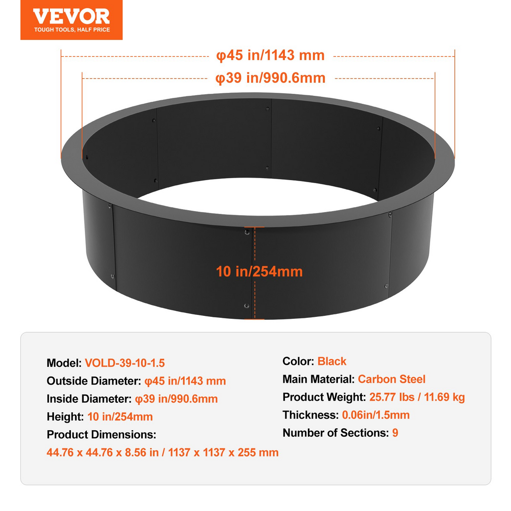 VEVOR Anillo para fogata redondo de 45 pulgadas con revestimiento exterior de acero Anillo para fogata DIY