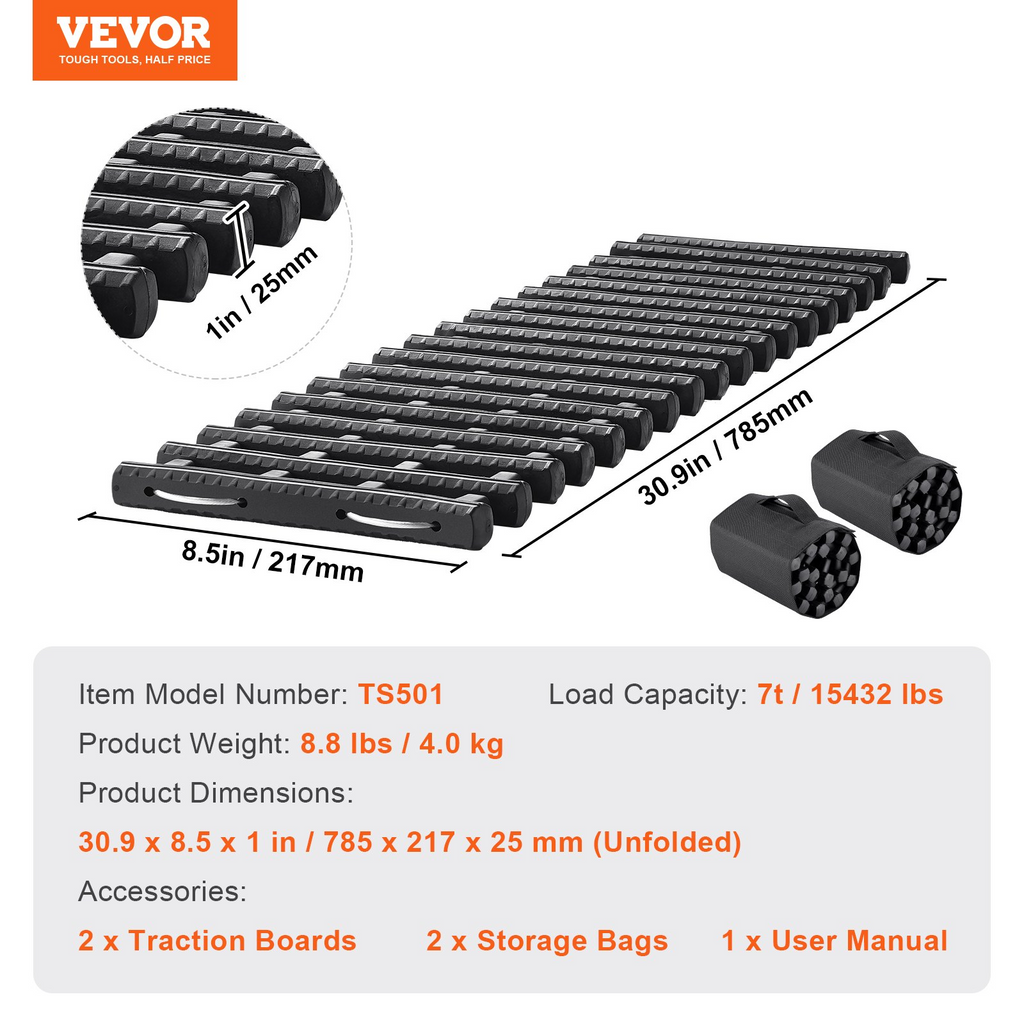 VEVOR 2 piezas de tablas de tracción con TPR para bolsas de almacenamiento de arena nieve y barro cortas color negro