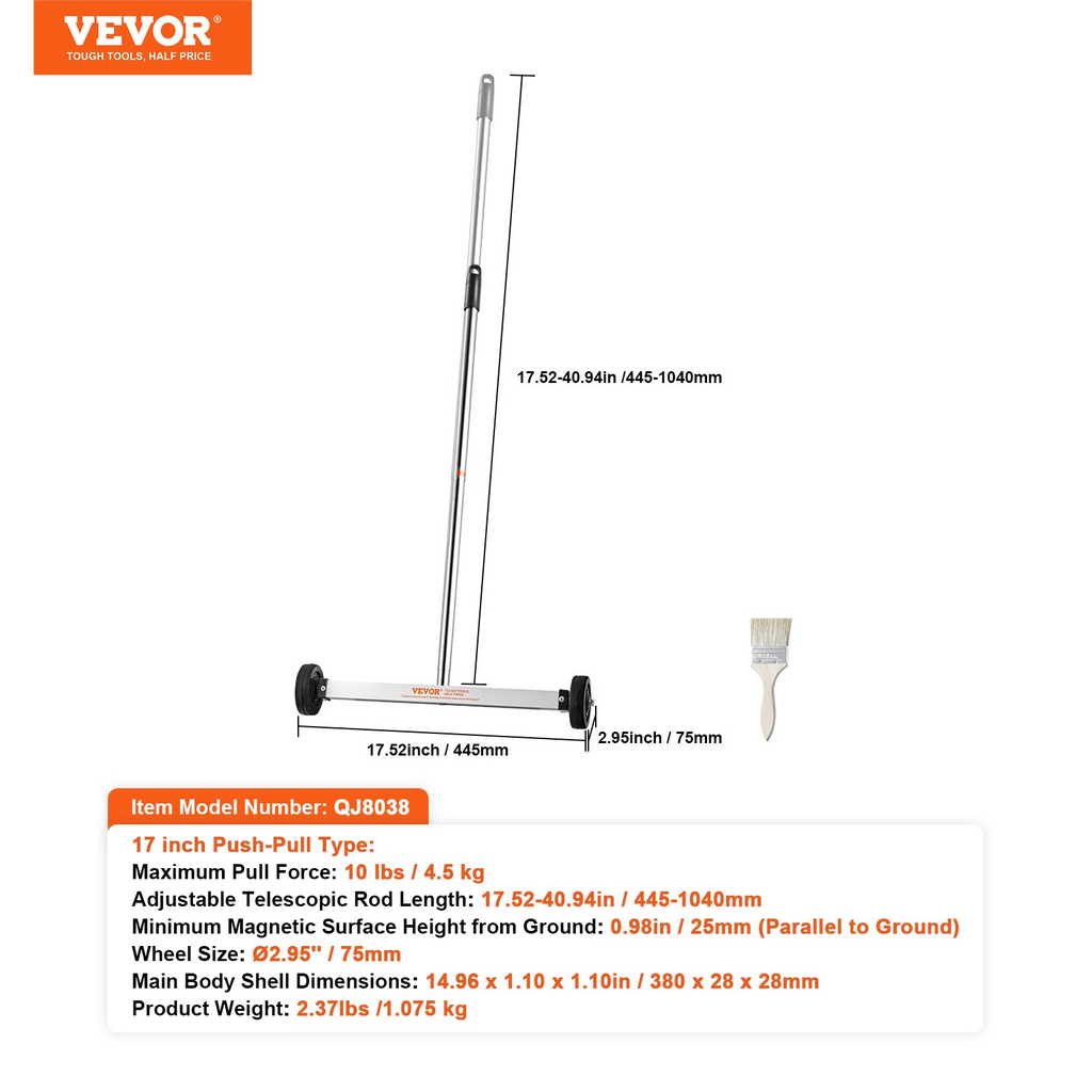 Barredora magnética VEVOR con ruedas 17 pulgadas mini capacidad de 10 libras mango ajustable