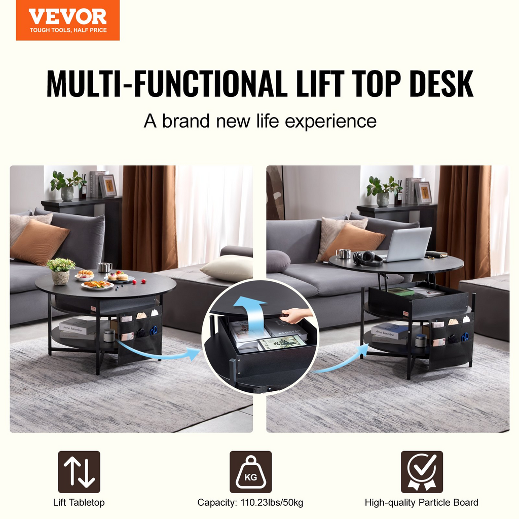Mesa de centro elevable VEVOR de 35,3" redonda con cajones de almacenamiento, compartimentos ocultos y estante abierto para sala de estar