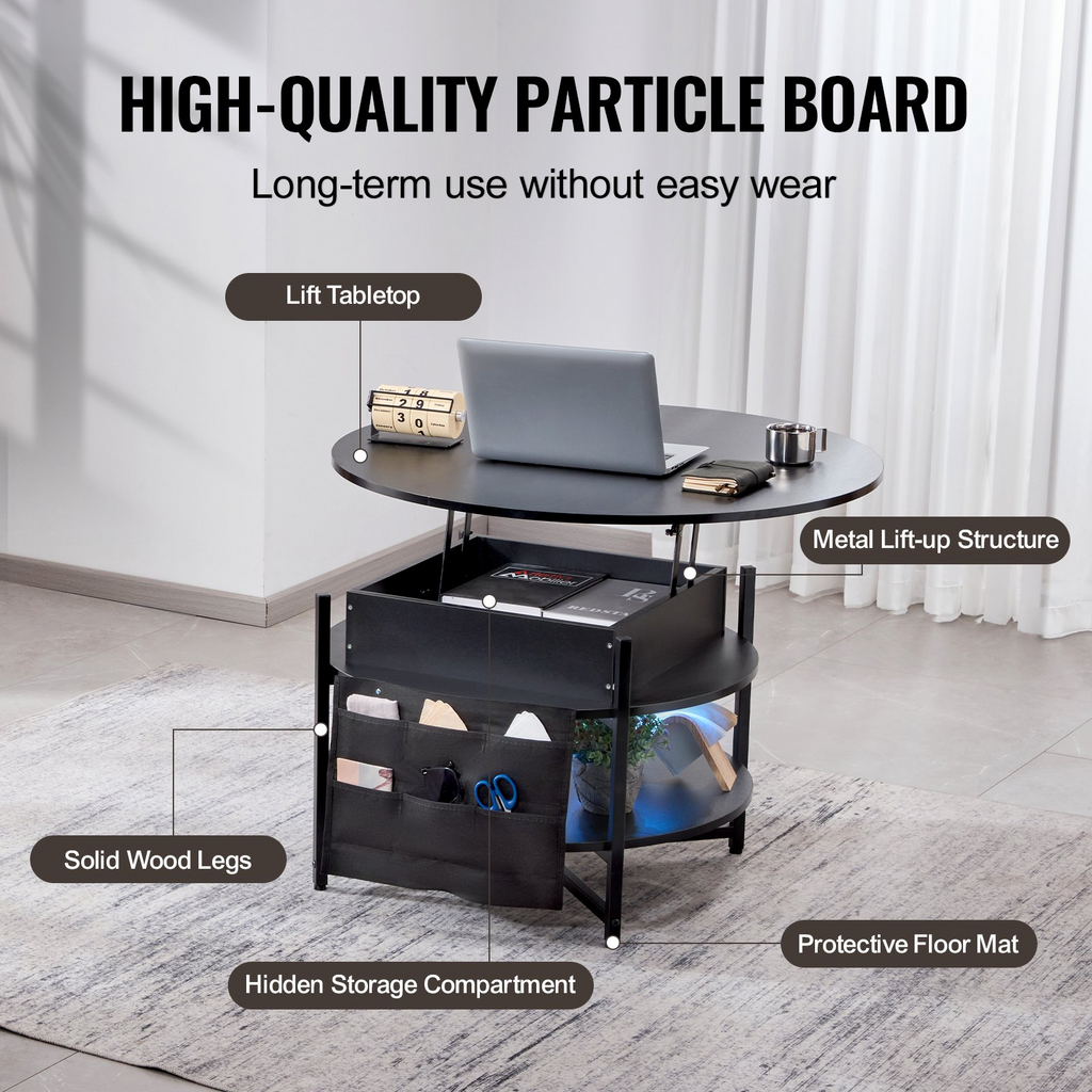 Mesa de centro elevable VEVOR de 35,3" redonda con cajones de almacenamiento, compartimentos ocultos y estante abierto para sala de estar