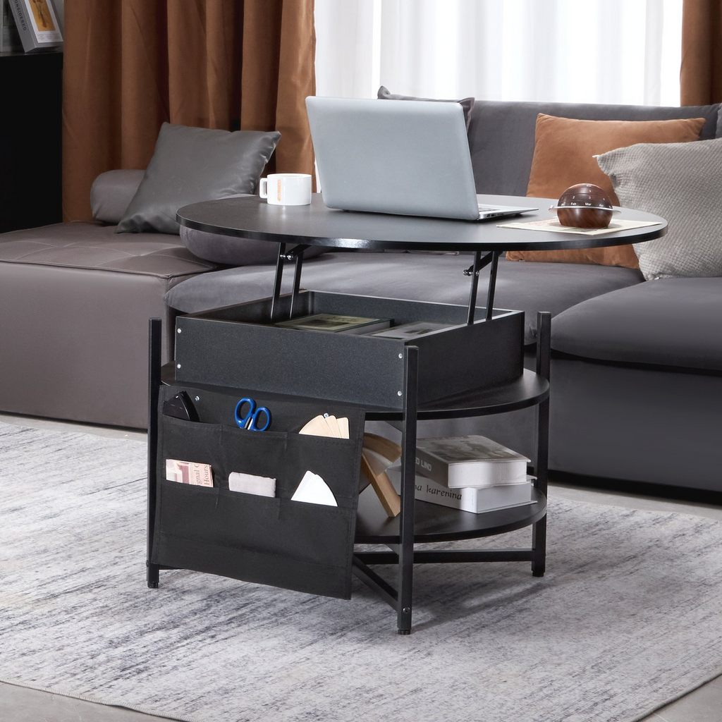 Mesa de centro elevable VEVOR de 35,3" redonda con cajones de almacenamiento, compartimentos ocultos y estante abierto para sala de estar