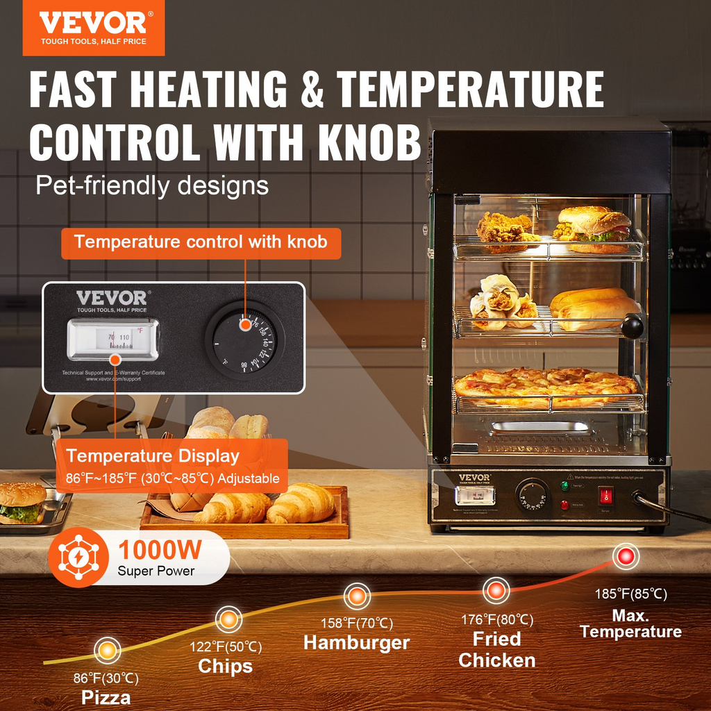 Vitrina para pizza con luz para mostrador con calentador de alimentos comercial de 3 niveles VEVOR