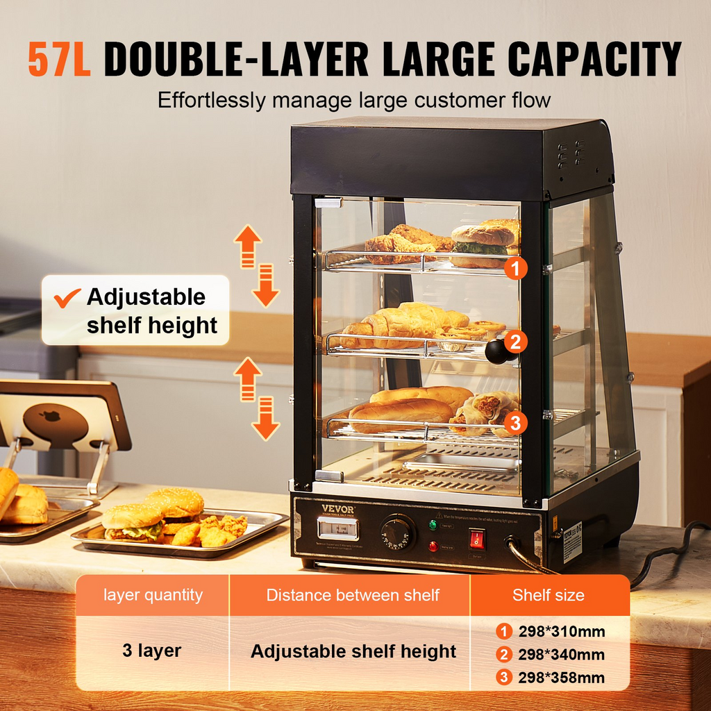 Vitrina para pizza con luz para mostrador con calentador de alimentos comercial de 3 niveles VEVOR