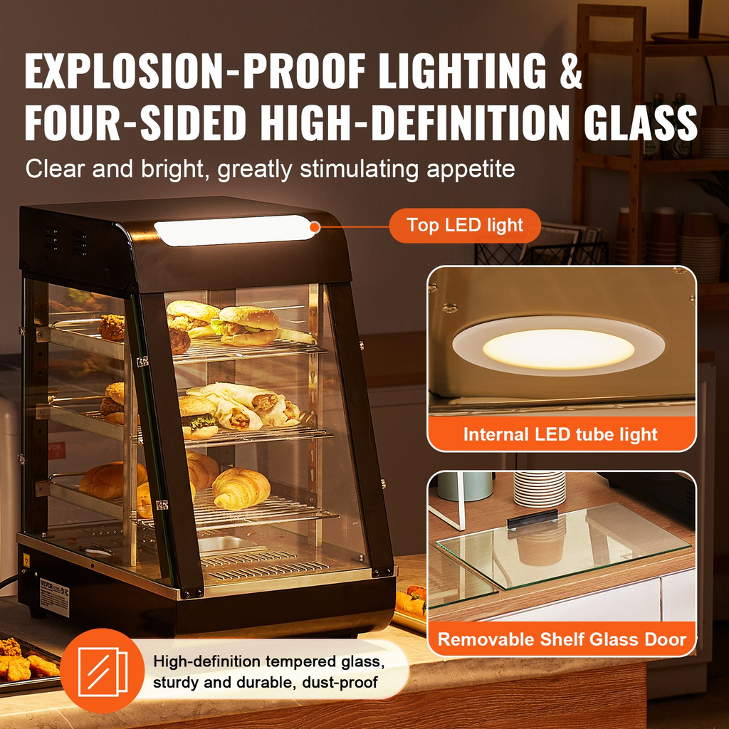 Vitrina para pizza con luz para mostrador con calentador de alimentos comercial de 3 niveles VEVOR