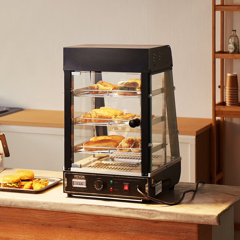 Vitrina para pizza con luz para mostrador con calentador de alimentos comercial de 3 niveles VEVOR