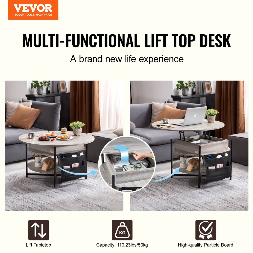 Mesa de centro elevable VEVOR de 35,3" redonda con cajones de almacenamiento, compartimentos ocultos y estante abierto para sala de estar,