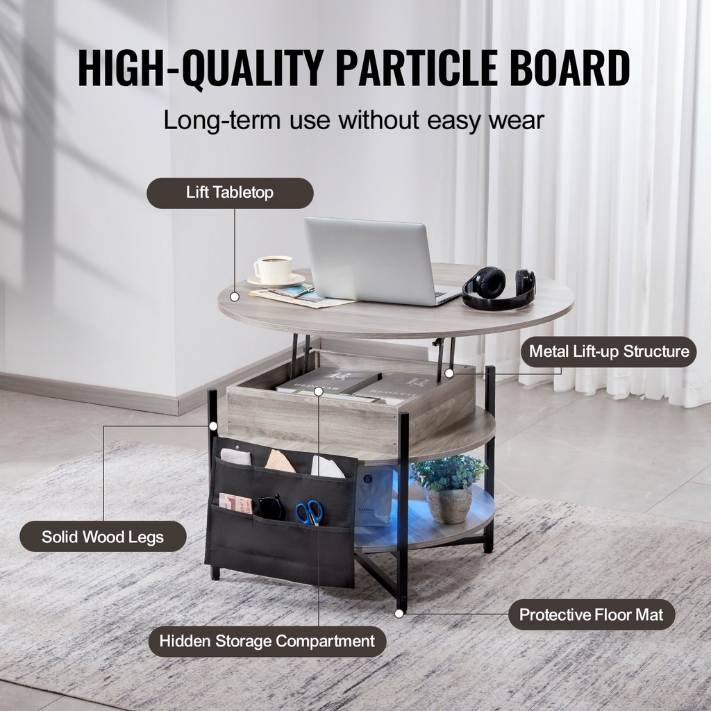 Mesa de centro elevable VEVOR de 35,3" redonda con cajones de almacenamiento, compartimentos ocultos y estante abierto para sala de estar,