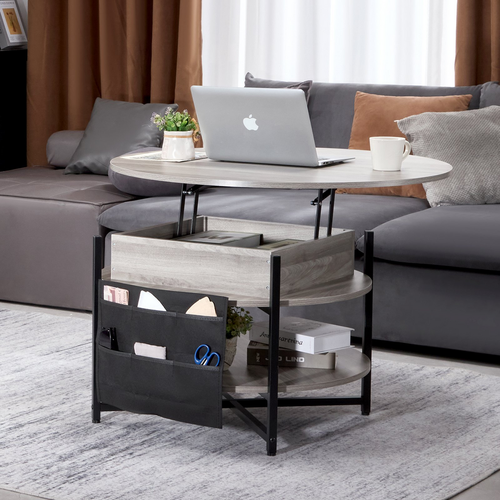 Mesa de centro elevable VEVOR de 35,3" redonda con cajones de almacenamiento, compartimentos ocultos y estante abierto para sala de estar,