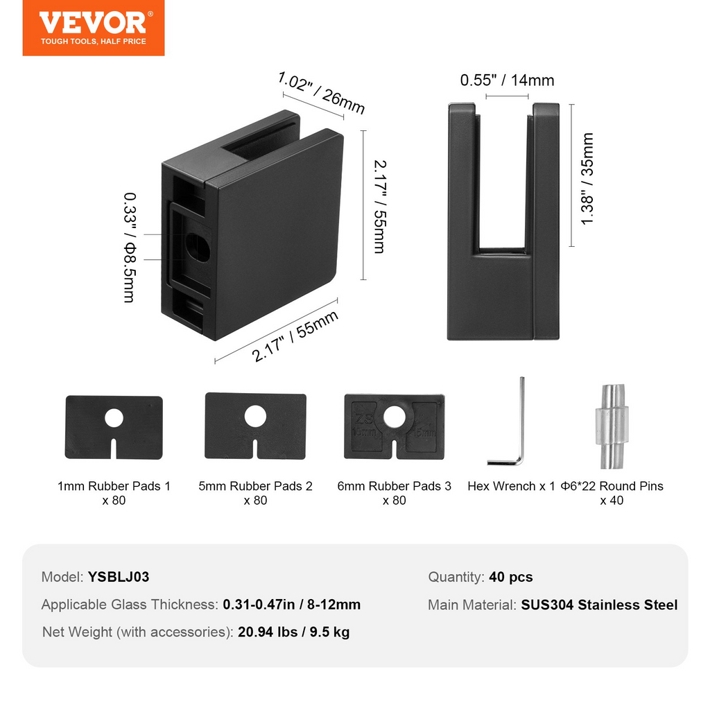 VEVOR Abrazadera de vidrio 40 piezas de soporte de barandilla de vidrio cuadrado para vidrio templado de 0,31 "-0,47"