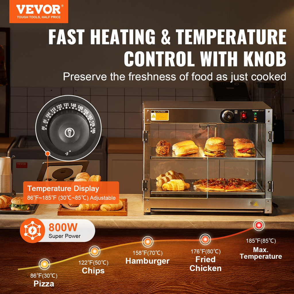 Vitrina para pizza con luz para mostrador con calentador de alimentos comercial de 2 niveles VEVOR