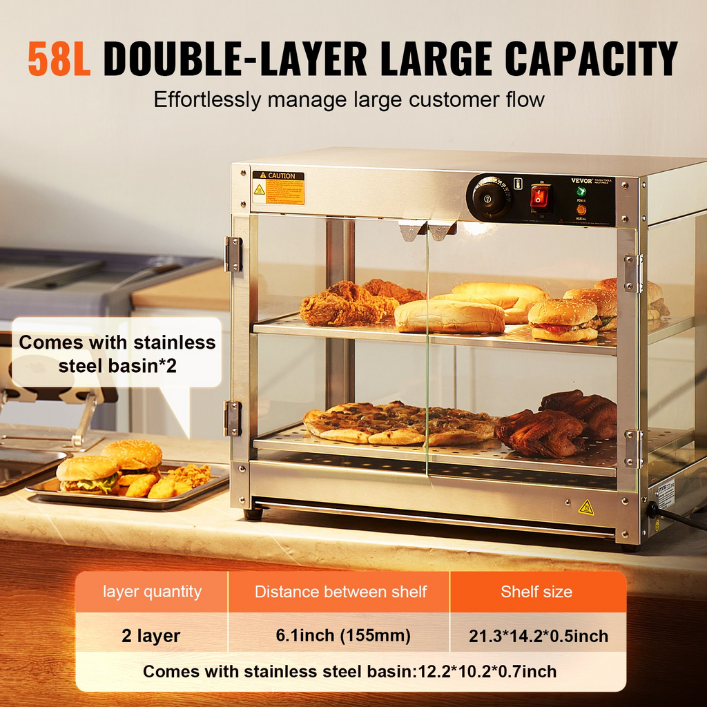 Vitrina para pizza con luz para mostrador con calentador de alimentos comercial de 2 niveles VEVOR