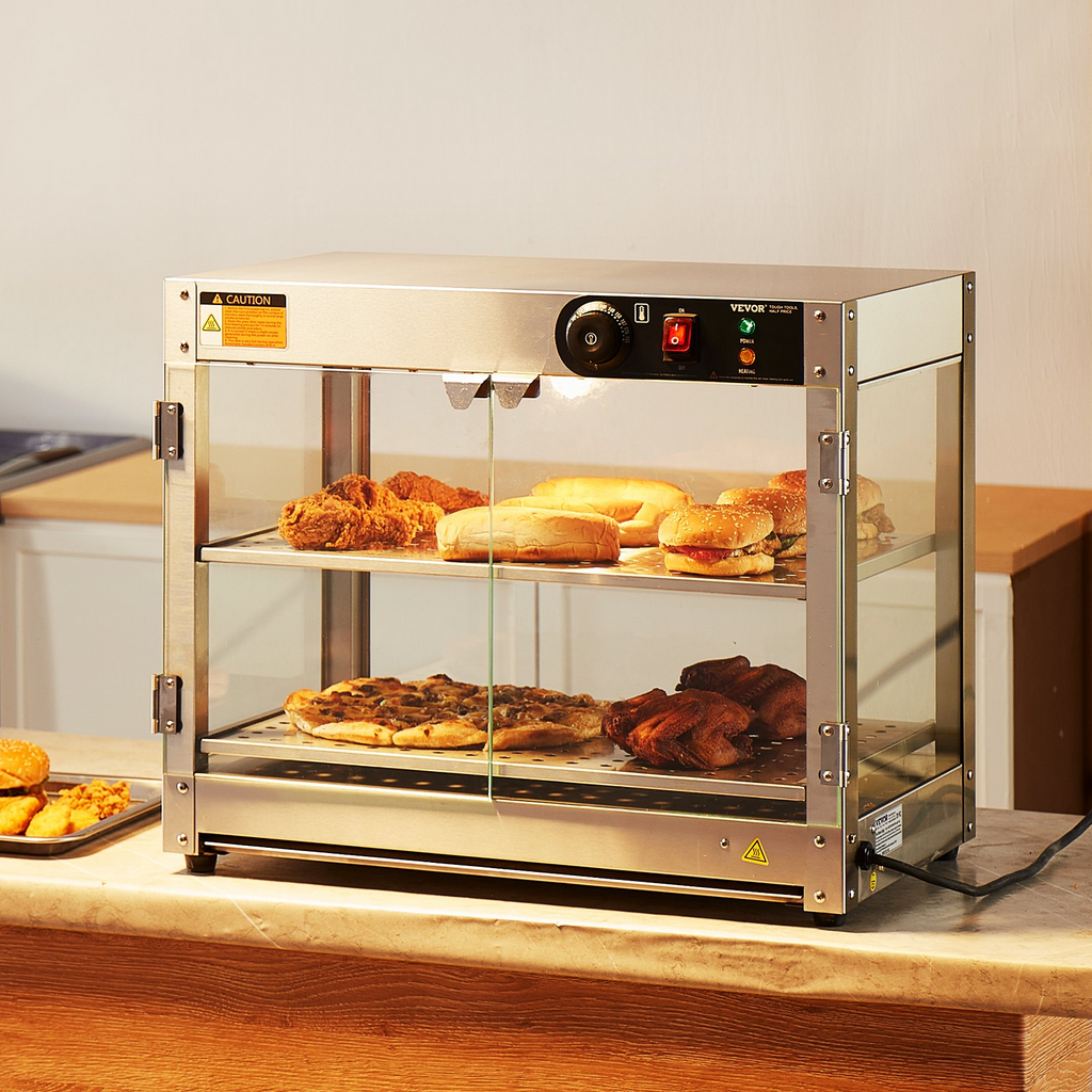 Vitrina para pizza con luz para mostrador con calentador de alimentos comercial de 2 niveles VEVOR