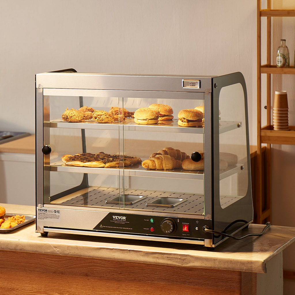 Vitrina para pizza con encimera y calentador de alimentos comercial de 2 niveles VEVOR con pinzas