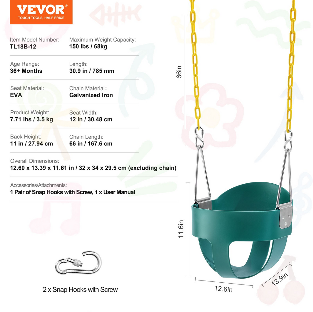 Asiento de columpio para niños pequeños VEVOR con respaldo alto y cubo completo de 150 lb