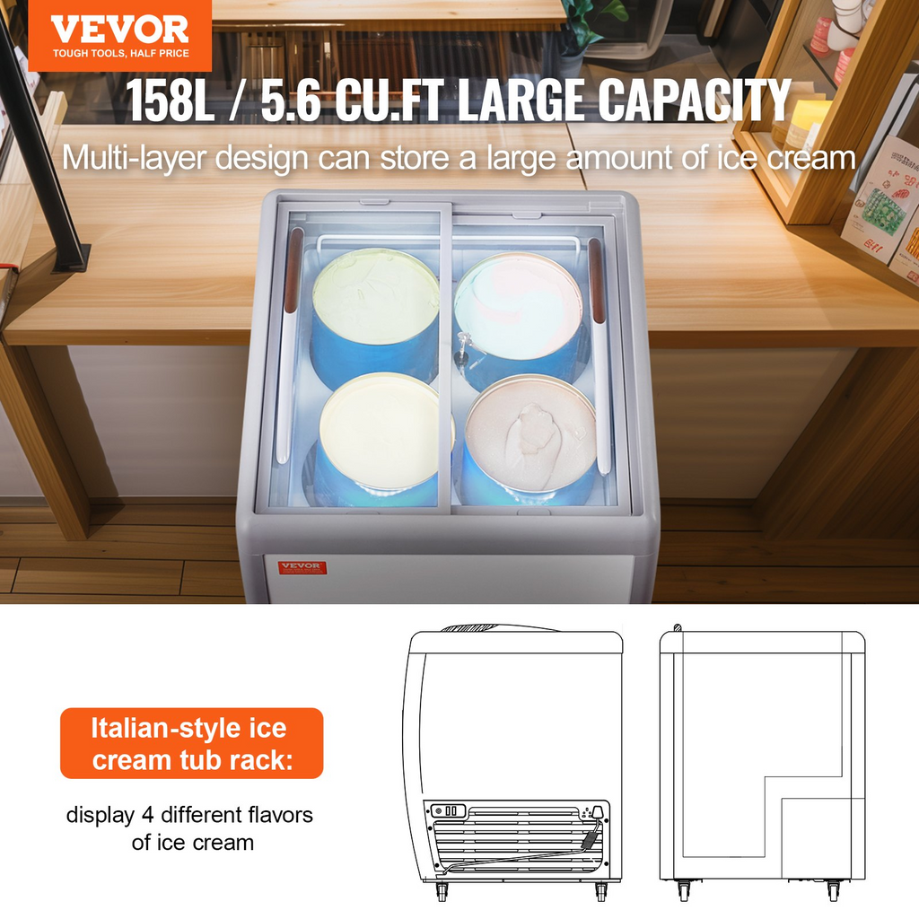 Vitrina comercial para helados VEVOR horizontal de 5,6 pies cúbicos con 4 tinas grandes 2 puertas corredizas de vidrio ruedas con traba color blanco