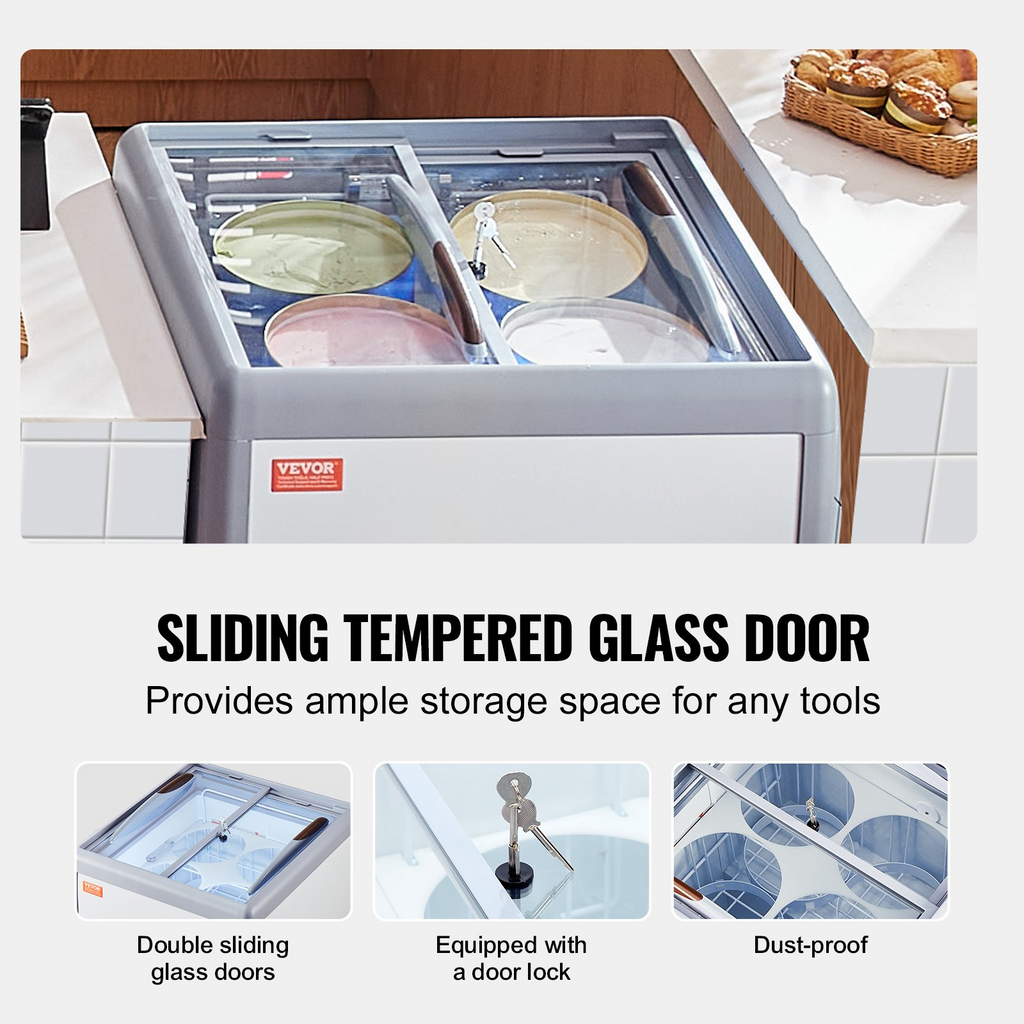 Vitrina comercial para helados VEVOR horizontal de 5,6 pies cúbicos con 4 tinas grandes 2 puertas corredizas de vidrio ruedas con traba color blanco