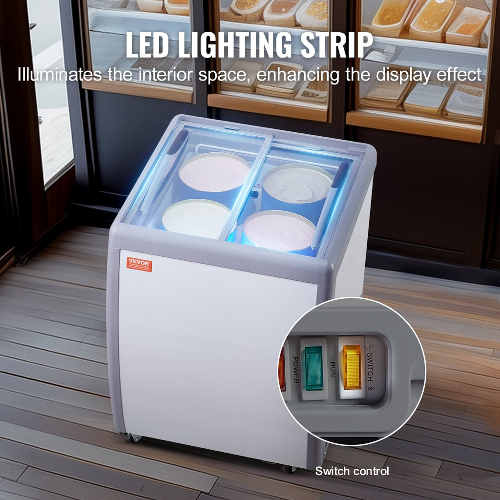 Vitrina comercial para helados VEVOR horizontal de 5,6 pies cúbicos con 4 tinas grandes 2 puertas corredizas de vidrio ruedas con traba color blanco