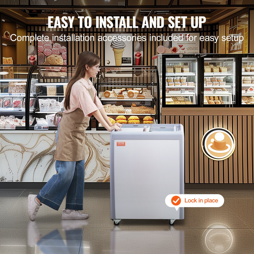Vitrina comercial para helados VEVOR horizontal de 5,6 pies cúbicos con 4 tinas grandes 2 puertas corredizas de vidrio ruedas con traba color blanco