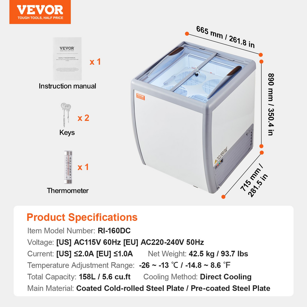 Vitrina comercial para helados VEVOR horizontal de 5,6 pies cúbicos con 4 tinas grandes 2 puertas corredizas de vidrio ruedas con traba color blanco