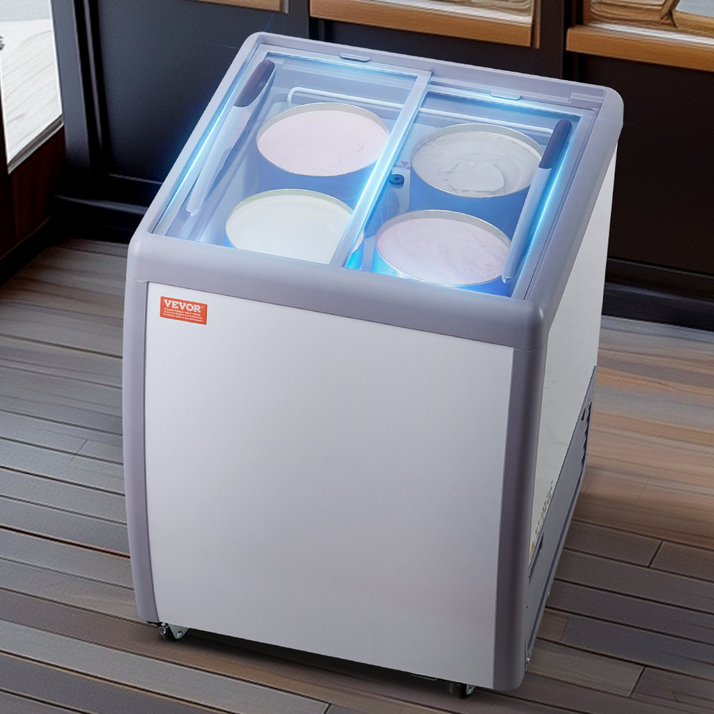 Vitrina comercial para helados VEVOR horizontal de 5,6 pies cúbicos con 4 tinas grandes 2 puertas corredizas de vidrio ruedas con traba color blanco