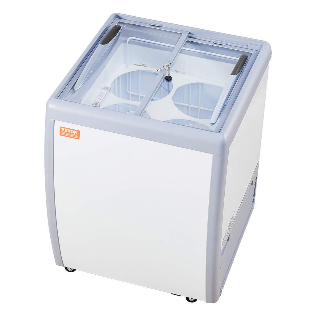 Vitrina comercial para helados VEVOR horizontal de 5,6 pies cúbicos con 4 tinas grandes 2 puertas corredizas de vidrio ruedas con traba color blanco
