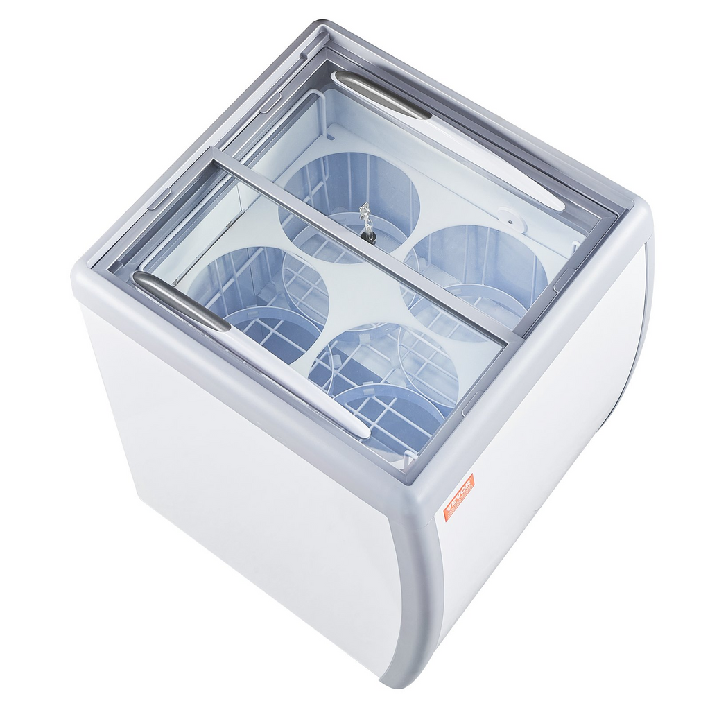 Vitrina comercial para helados VEVOR horizontal de 5,6 pies cúbicos con 4 tinas grandes 2 puertas corredizas de vidrio ruedas con traba color blanco