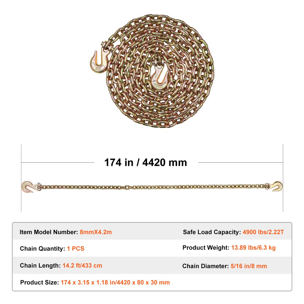 Cadena de remolque de amarre VEVOR G80 con dos ganchos 5/16" x 14,2' 4900 lb