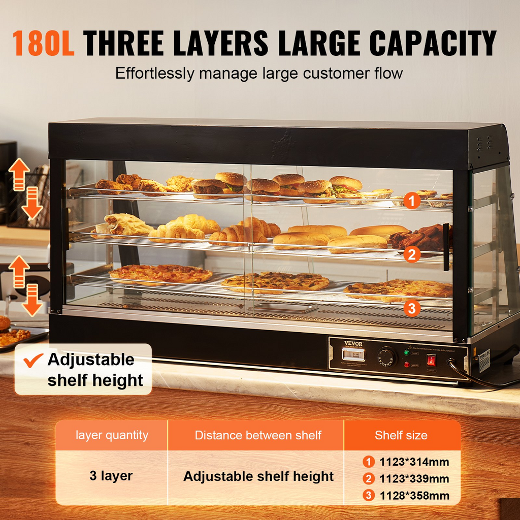 Vitrina para pizza con luz para mostrador con calentador de alimentos comercial de 3 niveles VEVOR