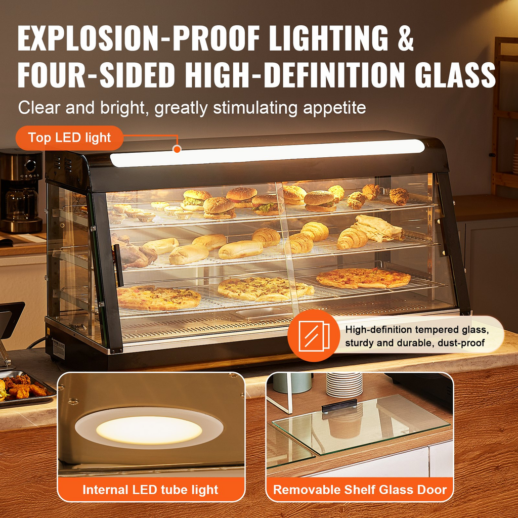 Vitrina para pizza con luz para mostrador con calentador de alimentos comercial de 3 niveles VEVOR