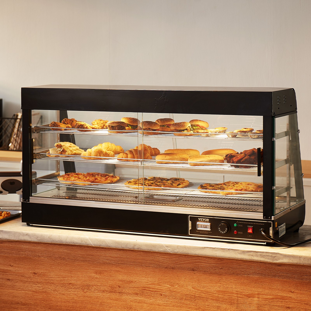 Vitrina para pizza con luz para mostrador con calentador de alimentos comercial de 3 niveles VEVOR