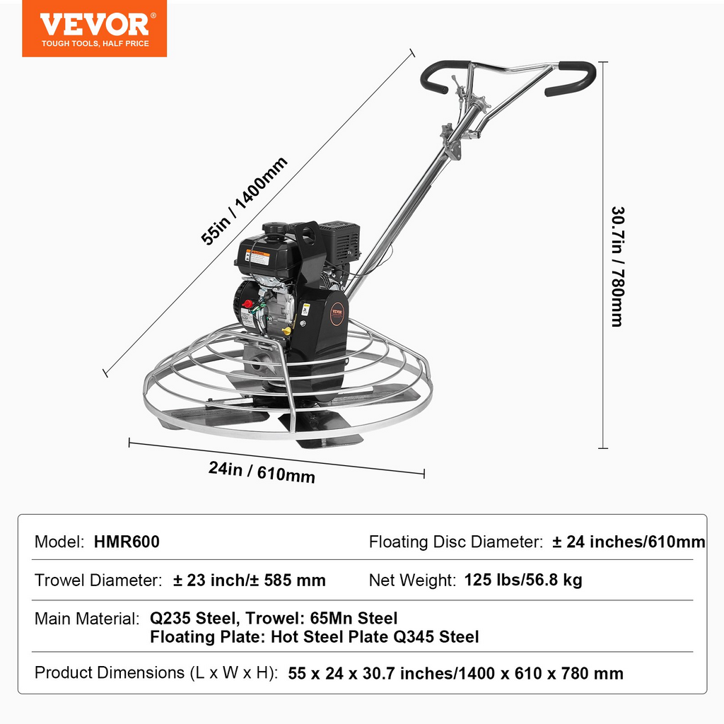Paleta de cemento manual VEVOR de 38" y 6 HP a gasolina con cuchilla flotante