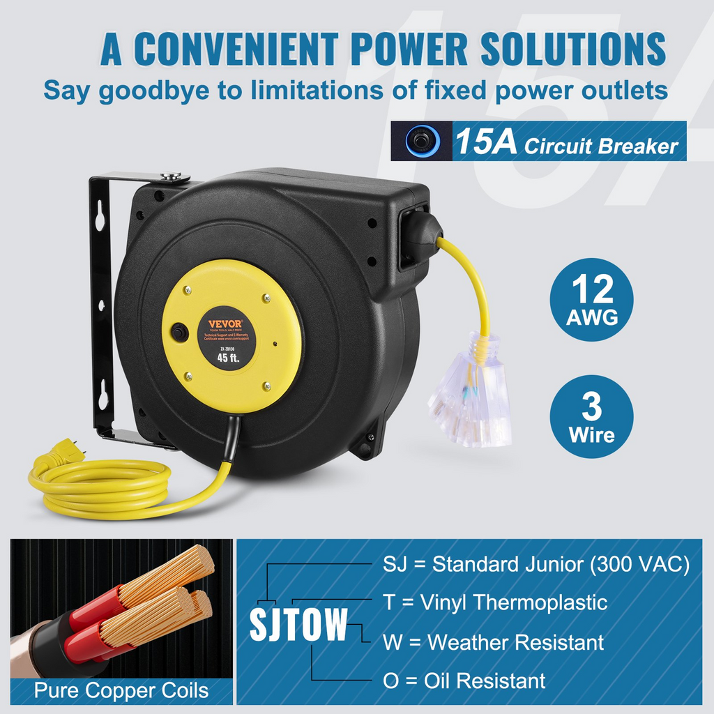 Carrete de cable de extensión retráctil 45 pies 12 AWG/3C