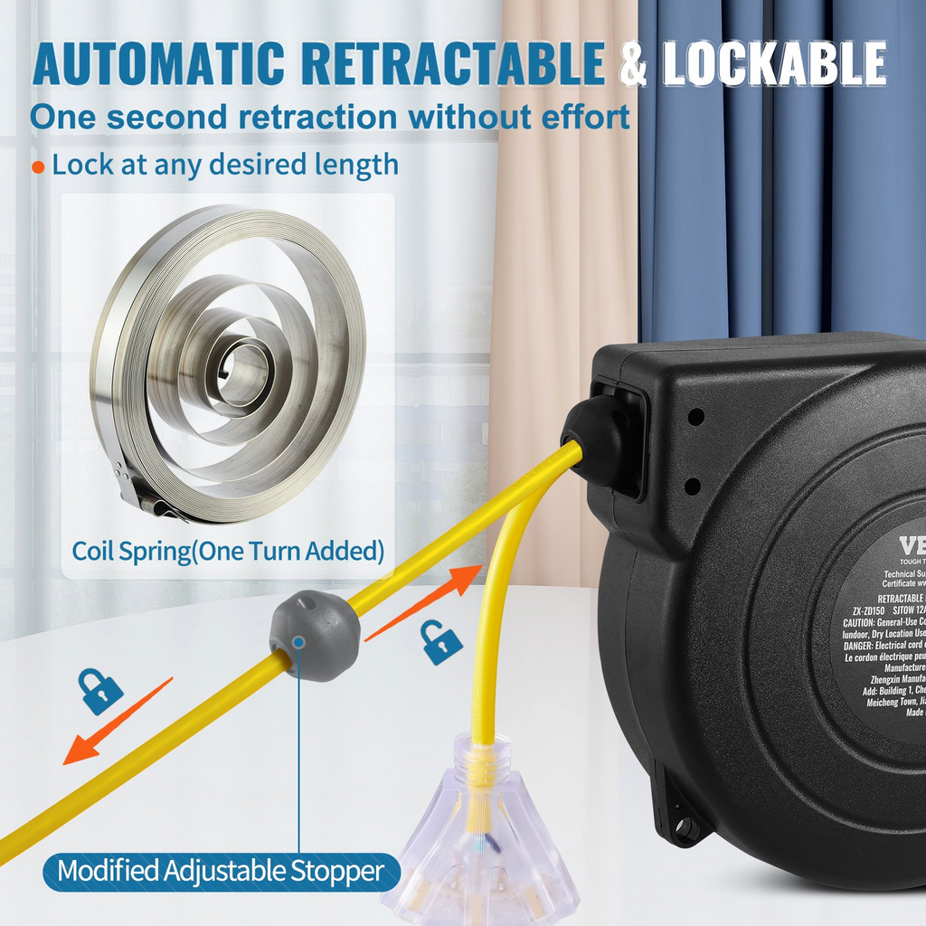 Carrete de cable de extensión retráctil 45 pies 12 AWG/3C