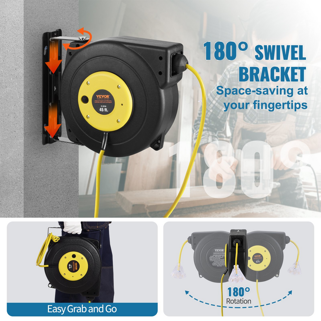 Carrete de cable de extensión retráctil 45 pies 12 AWG/3C