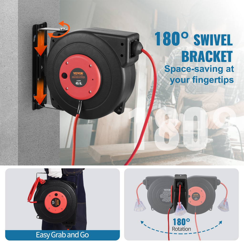 VEVOR - Carrete de cable de extensión retráctil 45 pies 12 AWG/3C SJTOW