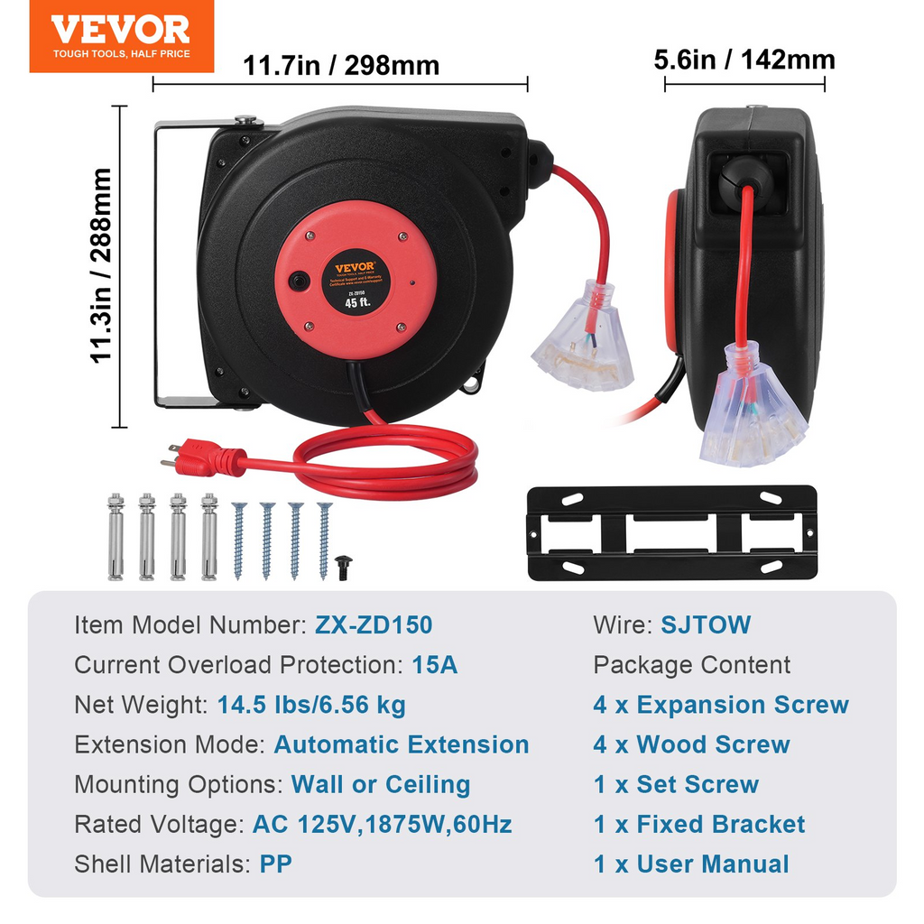 VEVOR - Carrete de cable de extensión retráctil 45 pies 12 AWG/3C SJTOW