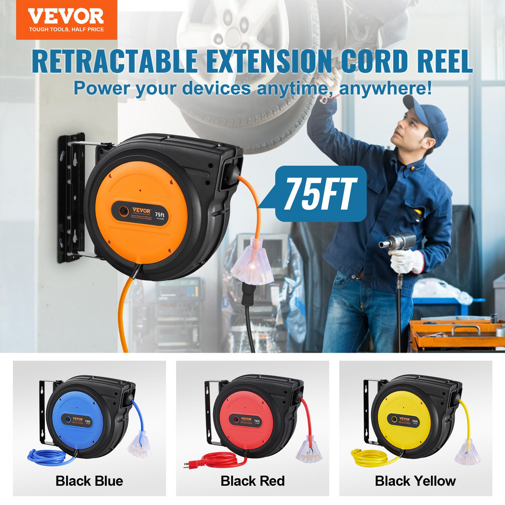 VEVOR - Carrete de cable de extensión retráctil 75 pies 14 AWG/3C