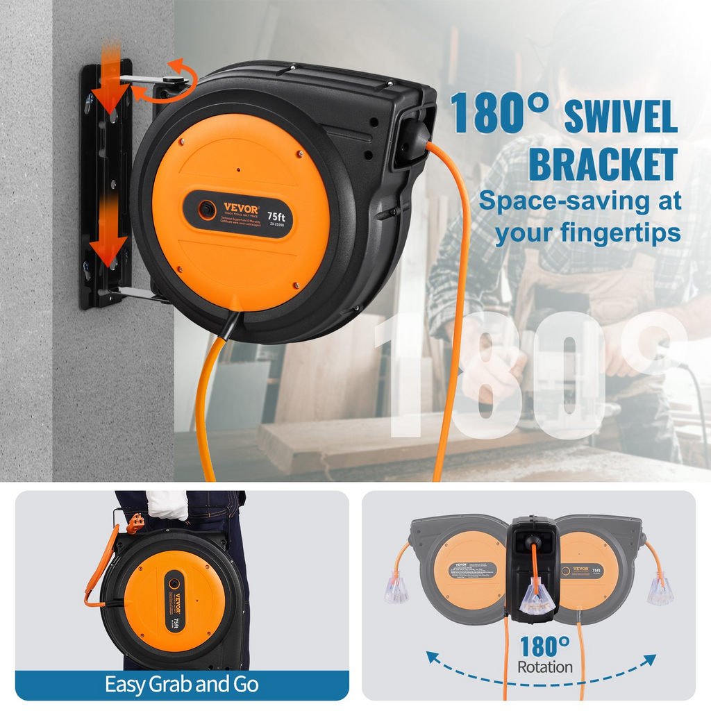 VEVOR - Carrete de cable de extensión retráctil 75 pies 14 AWG/3C