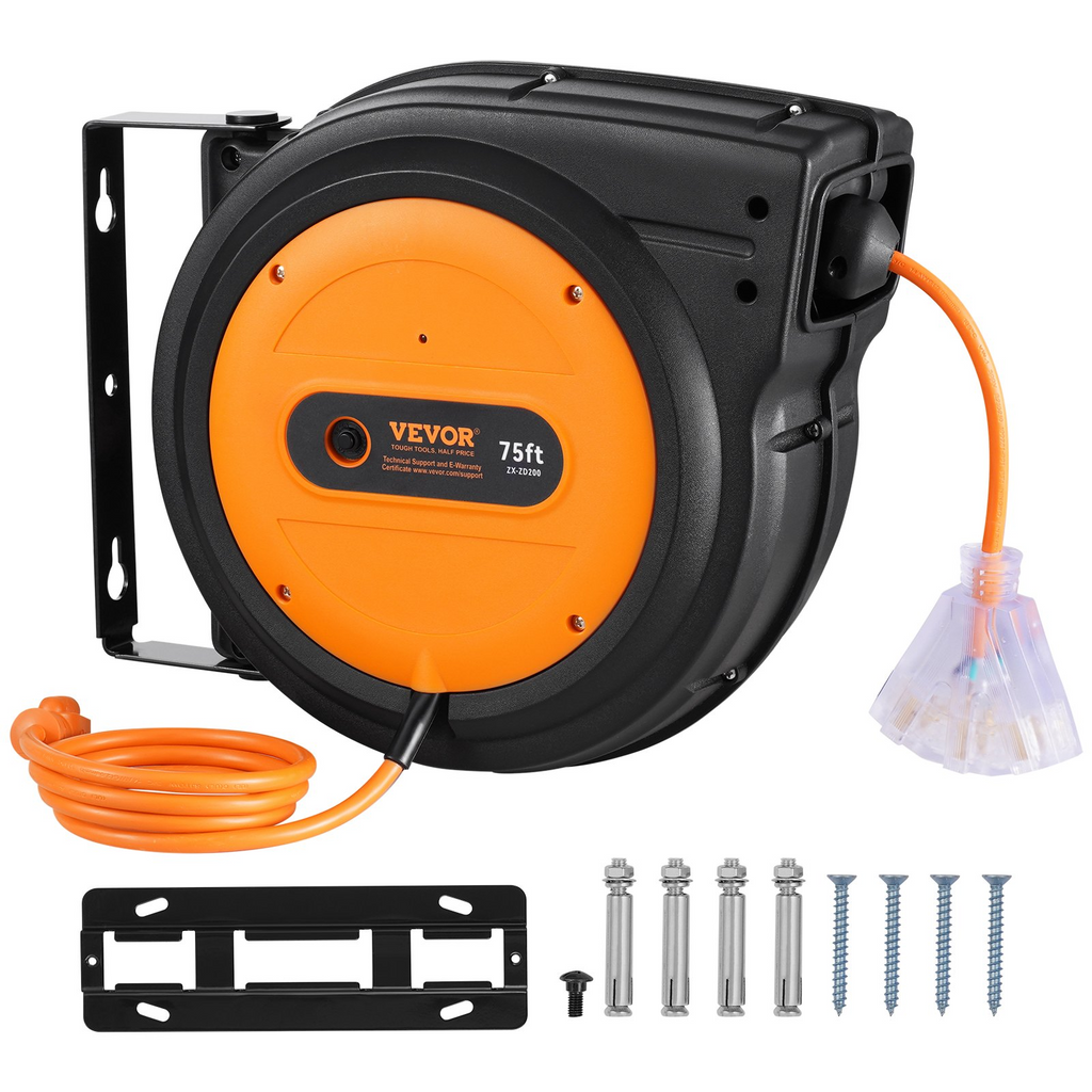 VEVOR - Carrete de cable de extensión retráctil 75 pies 14 AWG/3C