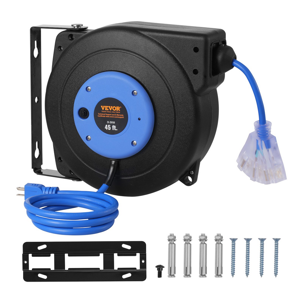 Carrete de cable de extensión retráctil 45 pies 12 AWG/3C SJTOW