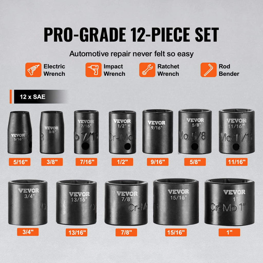 Juego de vasos de impacto VEVOR 12 piezas 6 puntas 3/8 in con trinquete estuche para herramientas