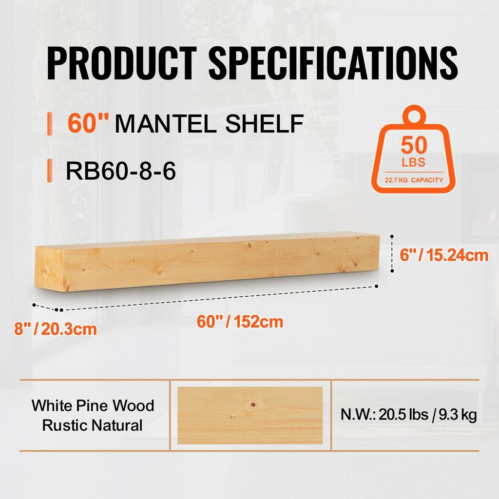 Repisa de chimenea flotante de madera VEVOR de 60" natural