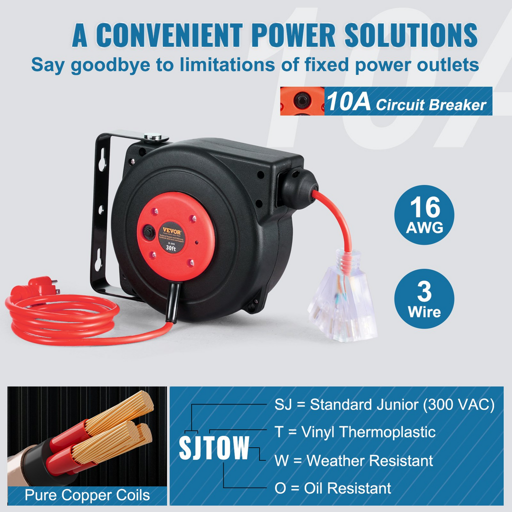 Carrete de cable de extensión retráctil 30 pies 16 AWG/3C