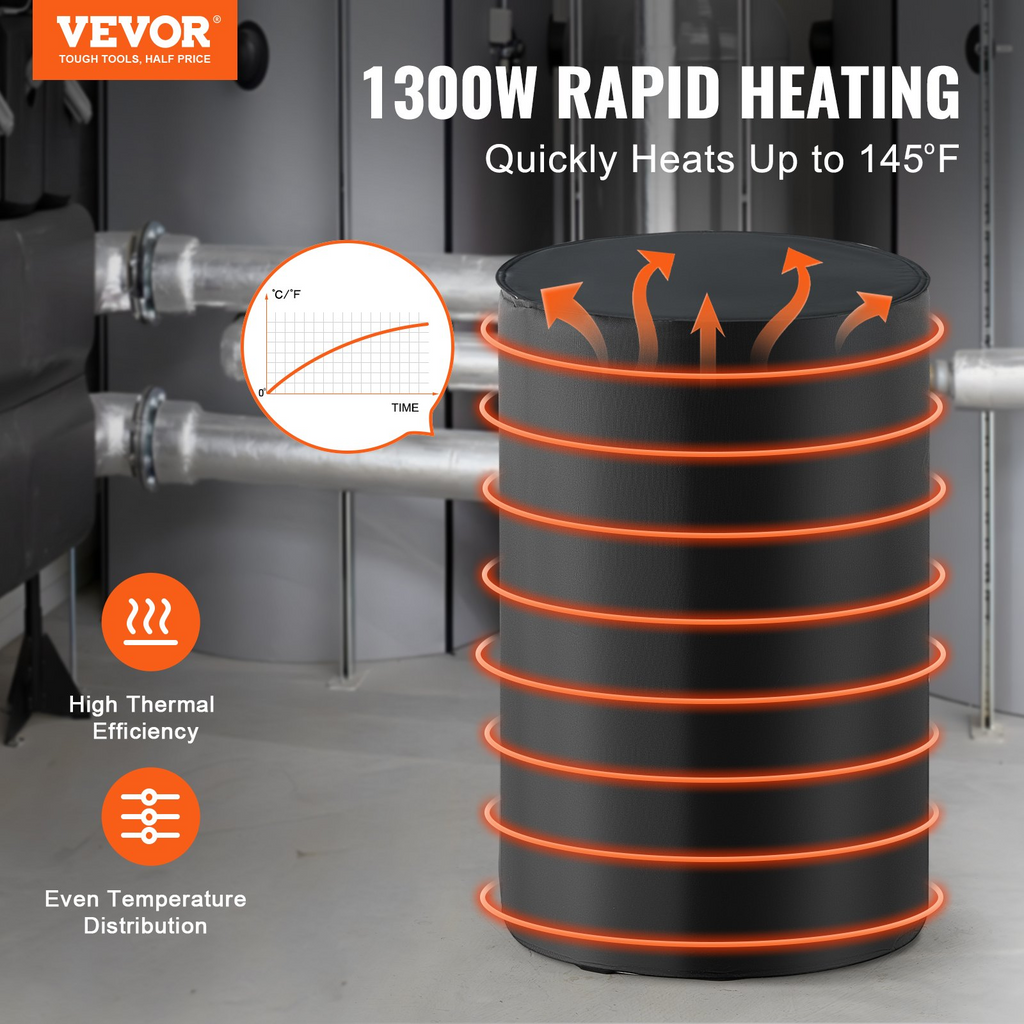 Calentador de bidón de metal de 55 galones VEVOR 1300 W 0-145 ℉ ajustable con termostato independiente