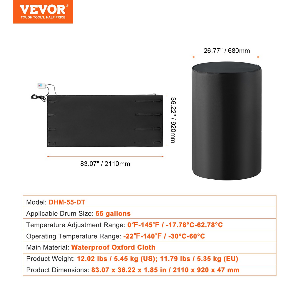 Calentador de bidón de metal de 55 galones VEVOR 1300 W 0-145 ℉ ajustable con termostato independiente