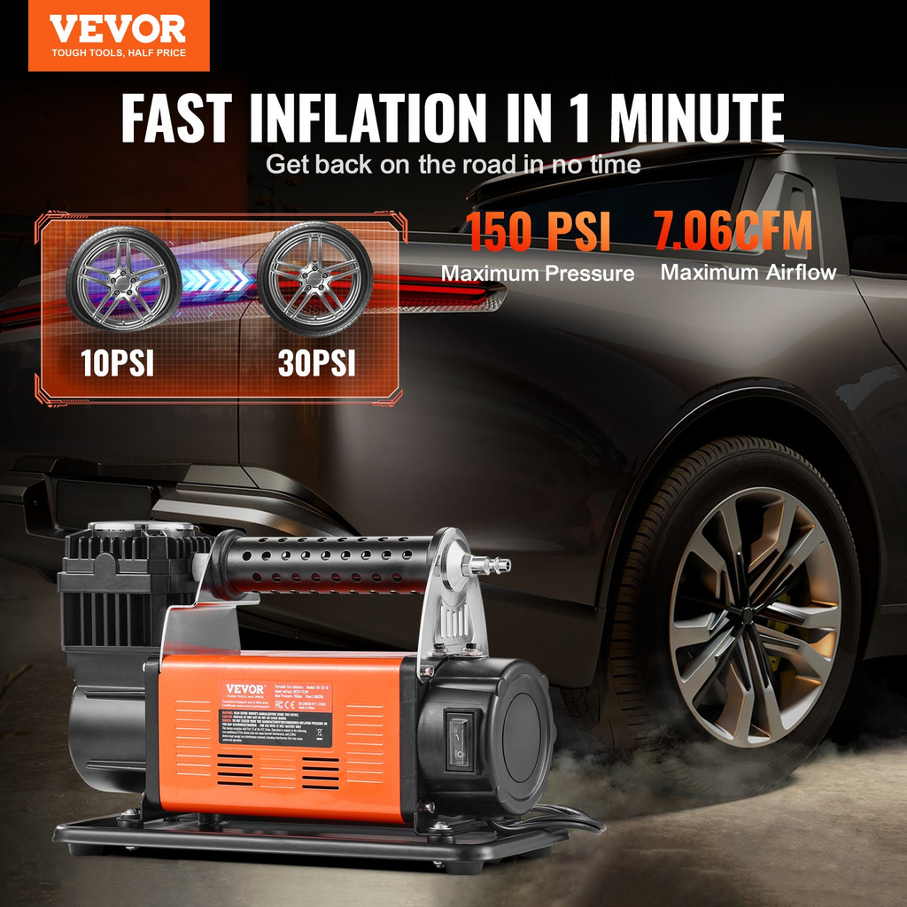 Compresor de aire portátil de alta resistencia VEVOR de 12 V para inflar neumáticos de coche 7,06 CFM 150 PSI