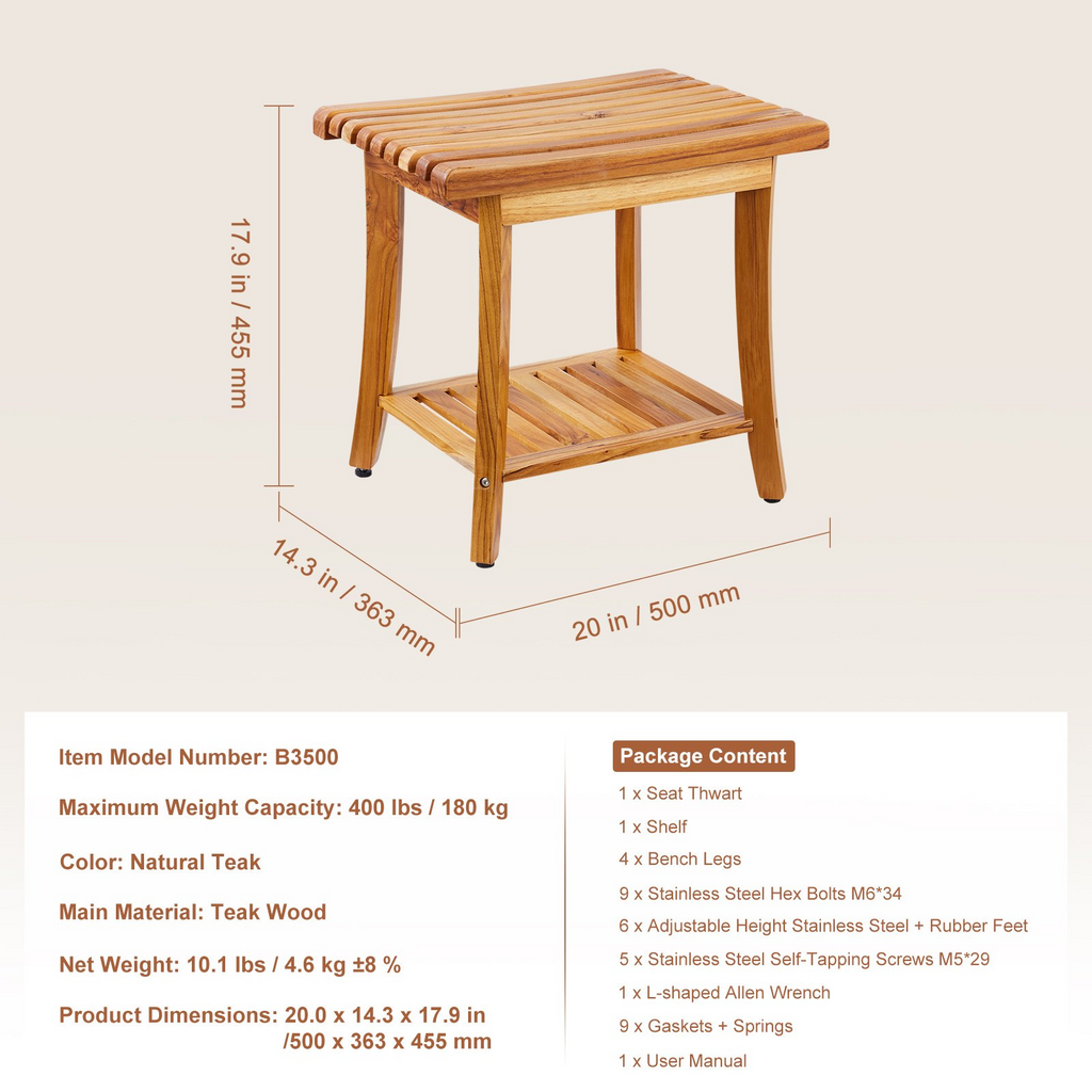Banco de ducha de teca VEVOR de 20 x 14,3 x 17,9 pulgadas