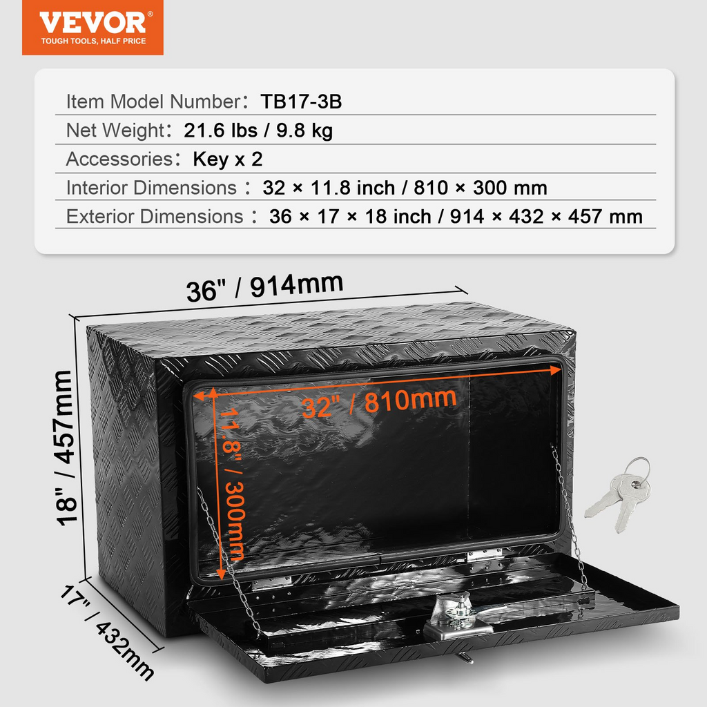 Caja de herramientas de aluminio para debajo de la carrocería de camión 36" x 17" x 18"