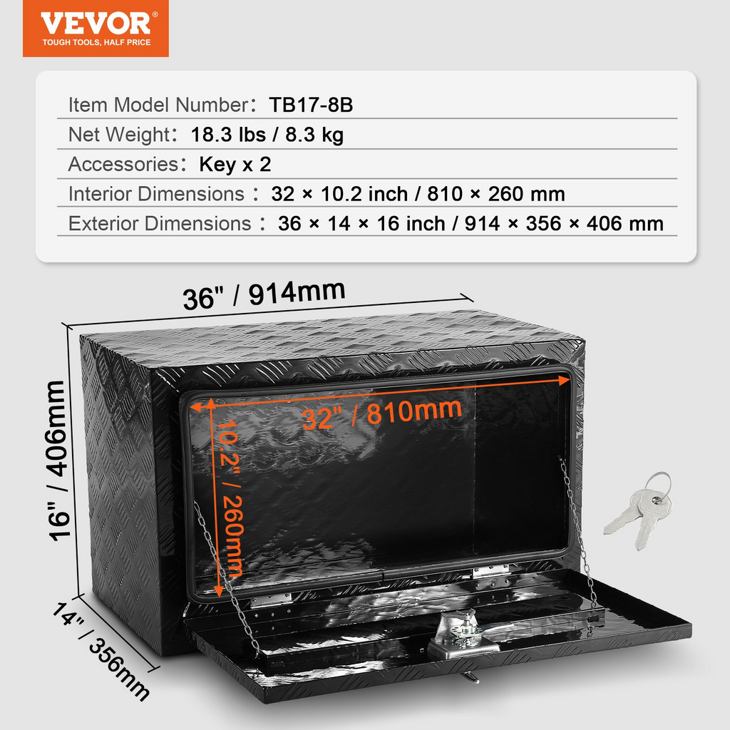 Caja de herramientas de aluminio para debajo de la carrocería de camión 36" x 14" x 16"